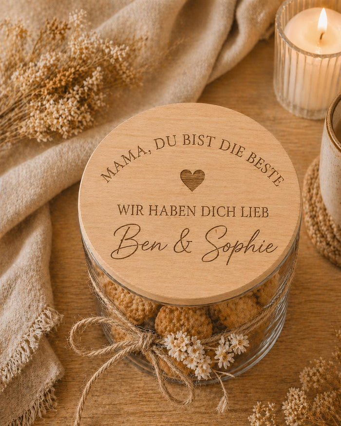 Personalisiertes Vorratsglas für Mama, Glas mit Holzdeckel graviert, Geschenk für Mama, Muttertagsgeschenk – Produktansicht 1
