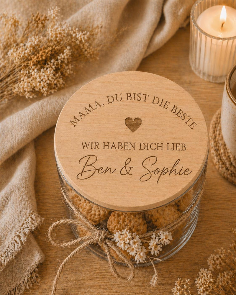 Personalisiertes Vorratsglas für Mama, Glas mit Holzdeckel graviert, Geschenk für Mama, Muttertagsgeschenk – Produktansicht 1